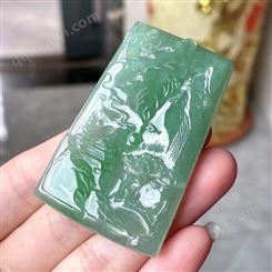 緬甸天然A貨翡翠成品冰種滿綠精雕山水牌玉器吊墜種老玉質(zhì)細(xì)膩